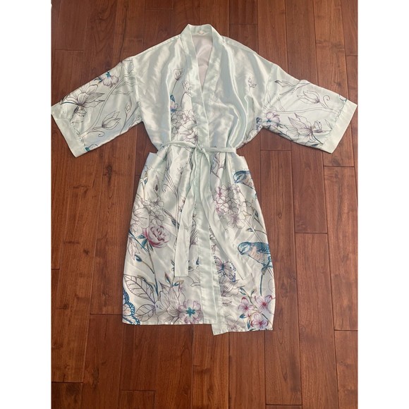 WORLD MARKET Aqua Botanical & Butterfly Satin Kimono Robe/Cover Up/belt OSFM - Picture 6 of 10